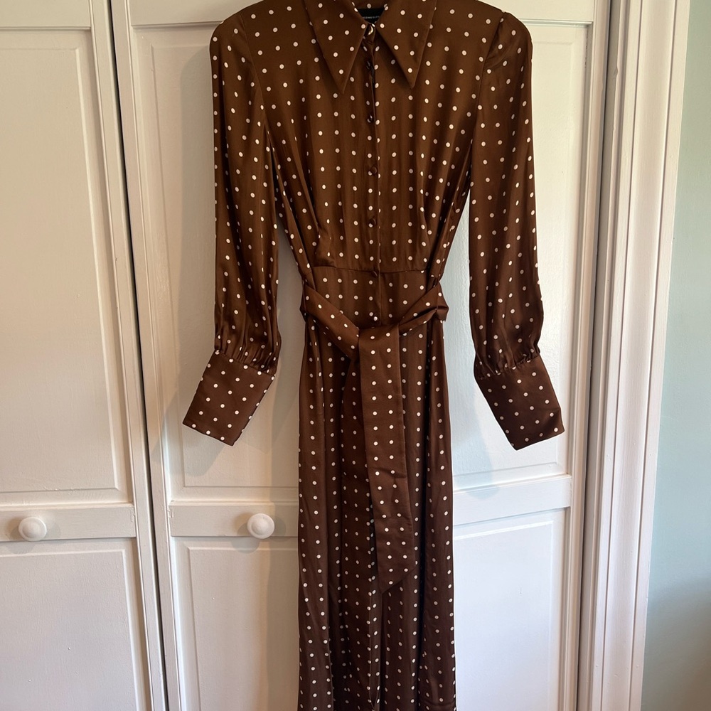 Massimo Dutti Brown Long Sleeve Dress with White Dots